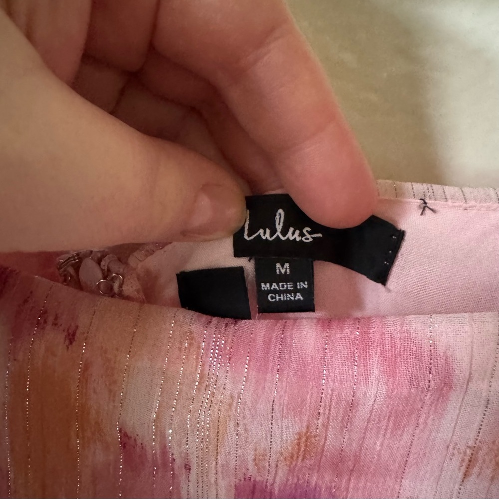 Lulus | Phenomenal Vision Pink Multi Lurex Puff Sleeve Tiered Midi Dress - Picture 4 of 7
